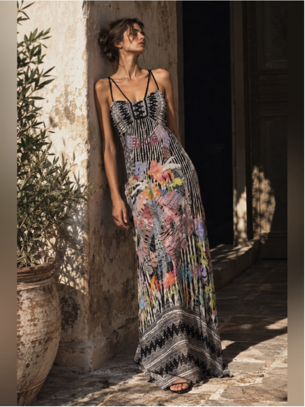 Save The Queen Italy Silk Abstract Floral Print Strappy Maxi Dress